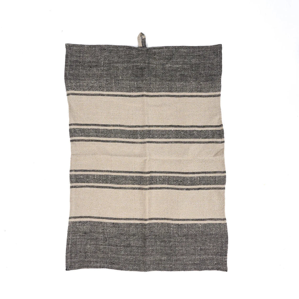 Torchon en lin naturel rayé noir et beige texturé avec boucle