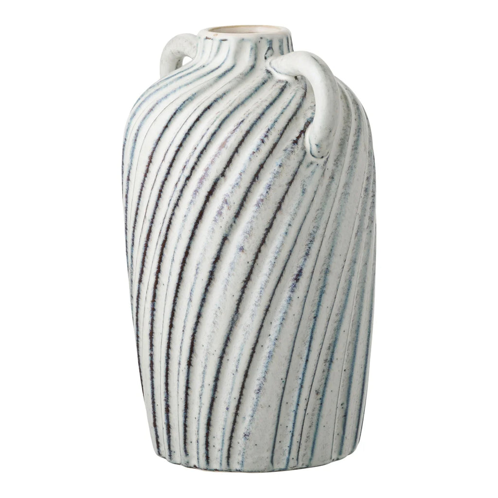 Vase amphore en céramique texturée blanc cassé avec rayures noires