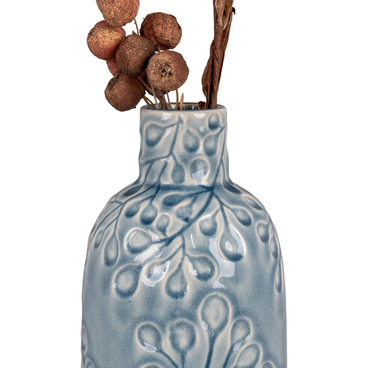 Vase en céramique bleu motif végétal relief, baies sèches, H26 cm