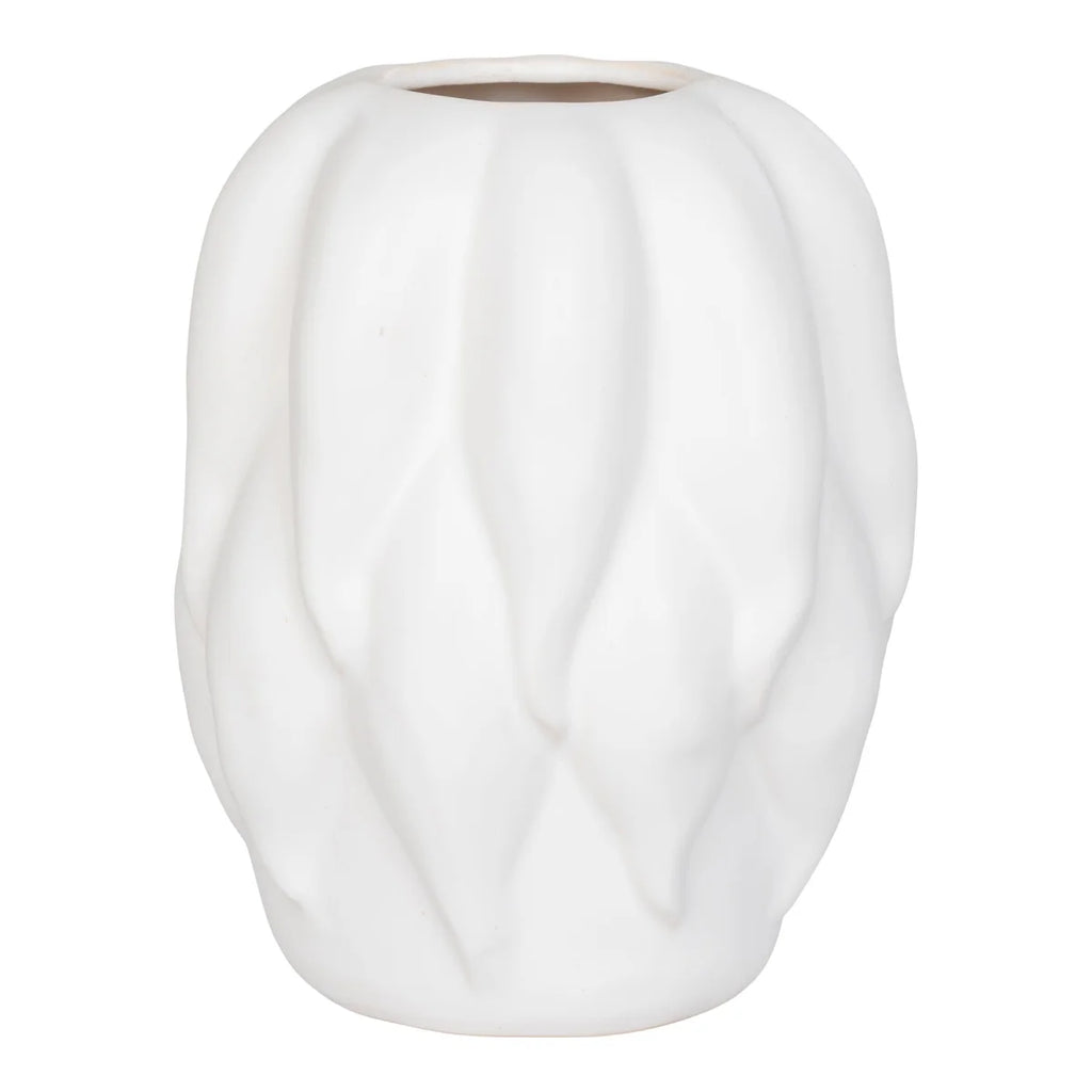 Vase décoratif en céramique blanche mate, H26 cm, fini lisse brillant et rainures verticales
