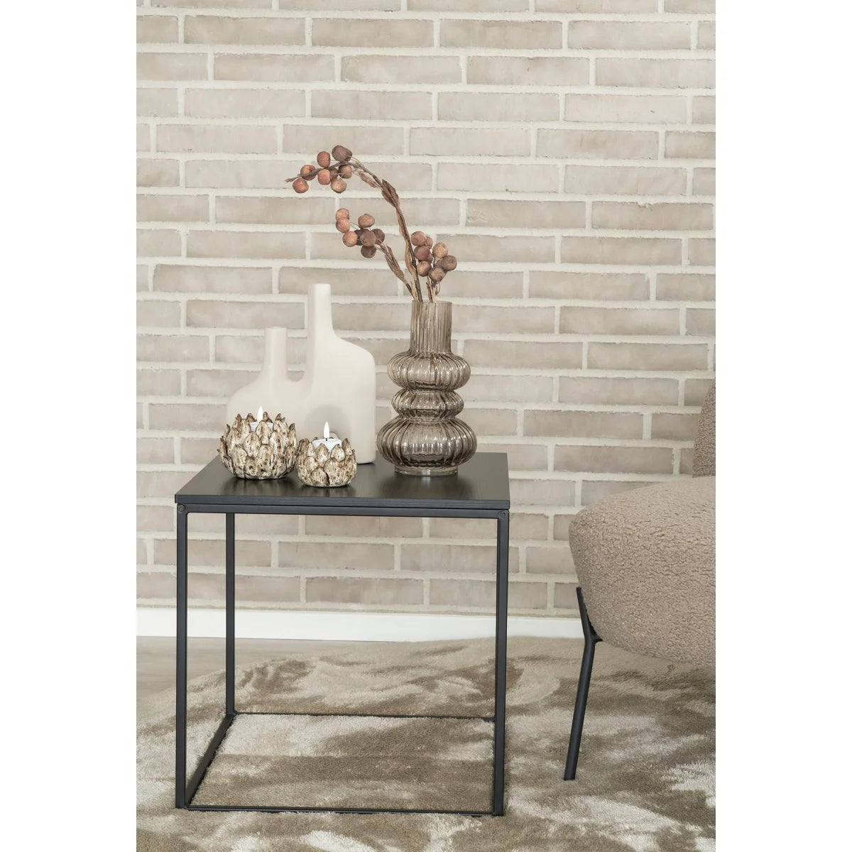 Vase décoratif en céramique mate beige texturé à deux cols, H27 cm