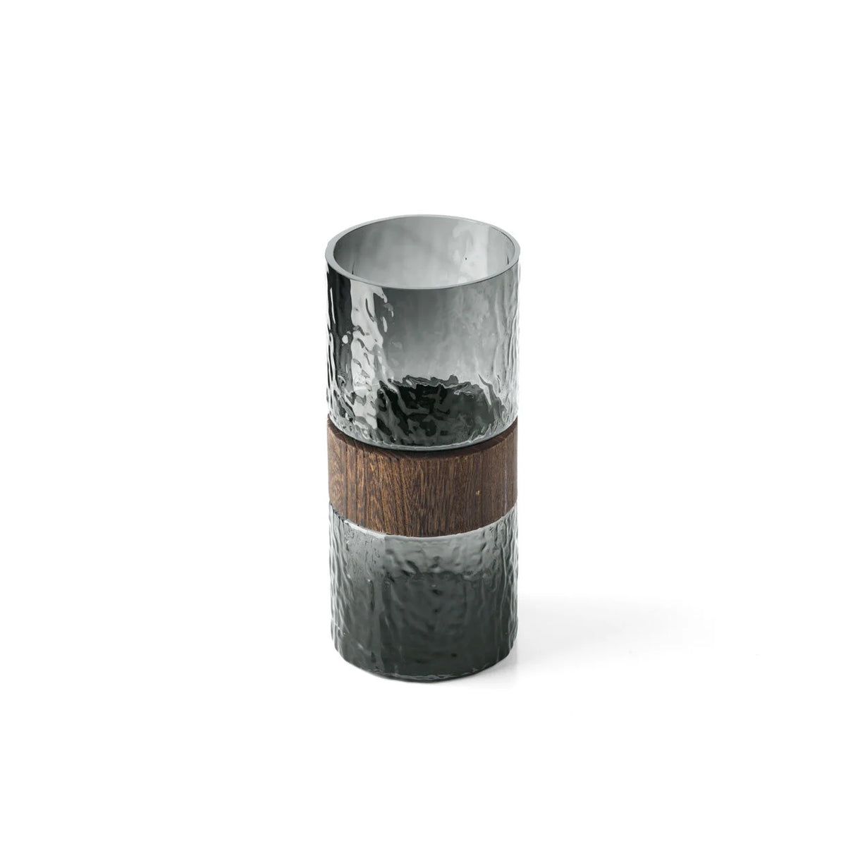 Vase cylindrique en verre fumé et bois foncé, H24 cm, fini martelé