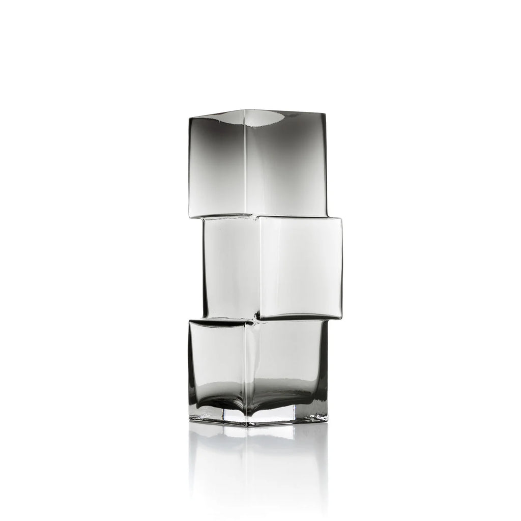 Vase en verre recyclé gris fumé cubique, H30 cm, design minimaliste empilé
