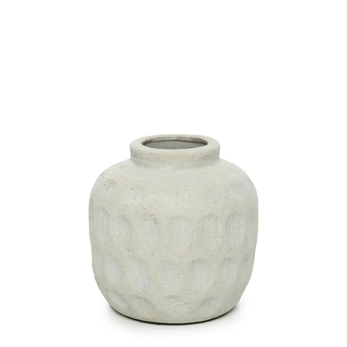 Vase rond en terre cuite effet béton gris avec surface texturée et piquée, Ø14 cm