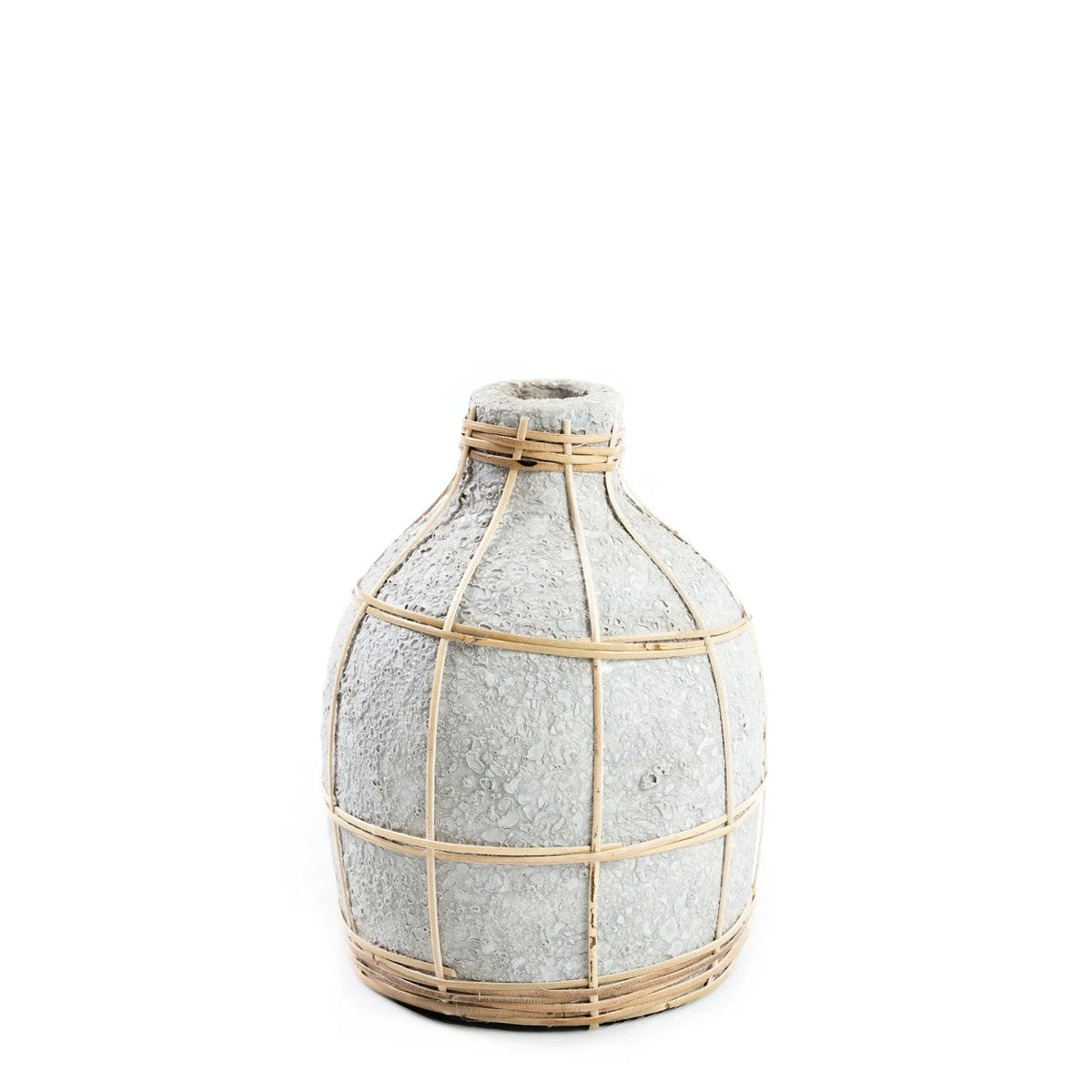Vase rond en terre cuite et rotin 19 cm béton naturel