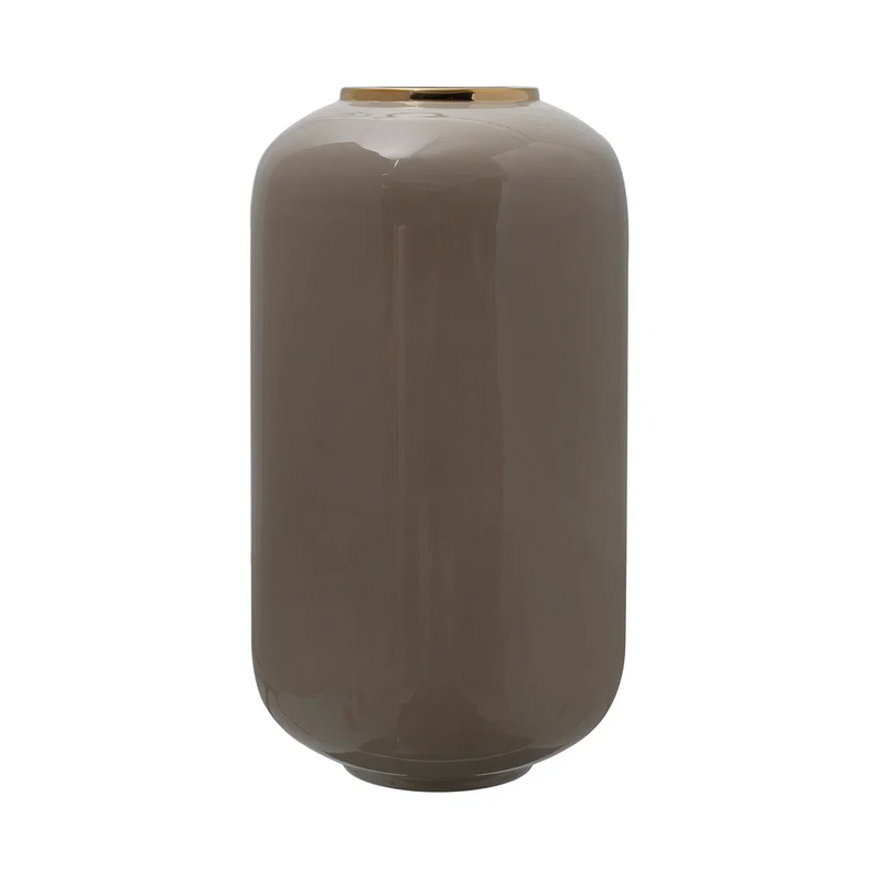 Bodenvase aus emailliertem Metall in Taupe mit goldfarbenem Kapselhals – H48,5 cm