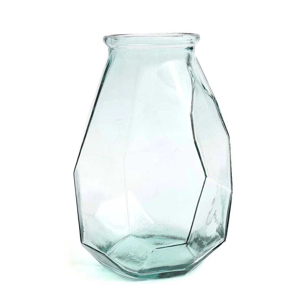Vase en verre bleu 35 cm forme origami géométrique