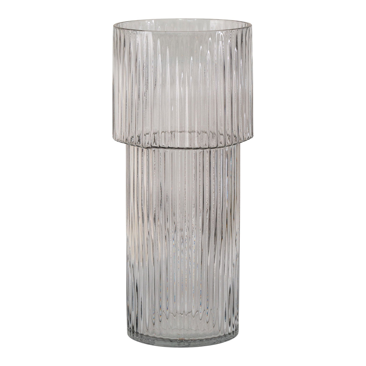Vase en verre soufflé transparent rond Ø17,5x40 cm, gris translucide à côtes verticales