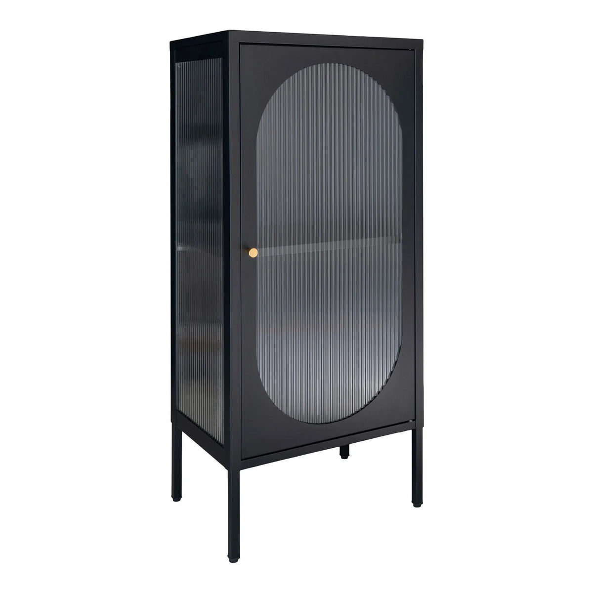 Vitrine en métal noir avec portes vitrées arche verre cannelé et poignée dorée, 50x35 cm