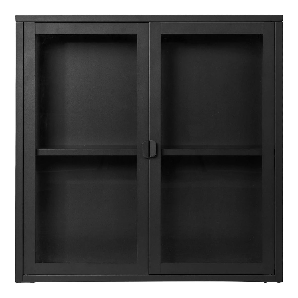 Vitrine murale en métal noir à portes vitrées, design minimaliste mat, 80x18 cm